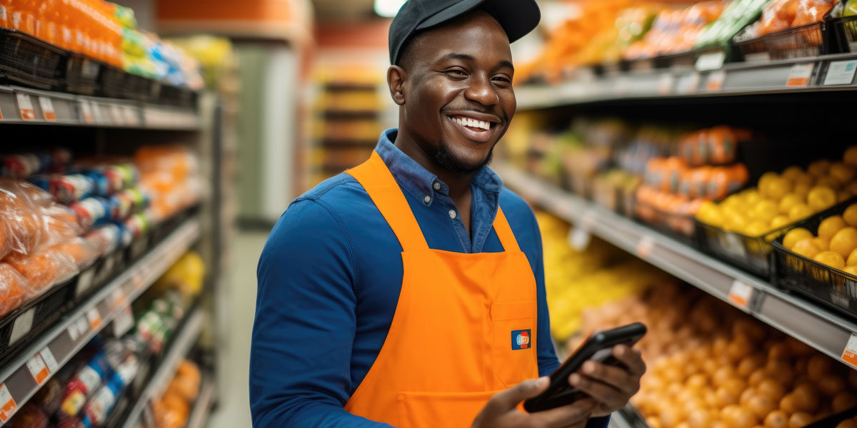 Smiling grocery store employee holding smartphone in produce aisle