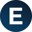 White letter E on dark blue circular background