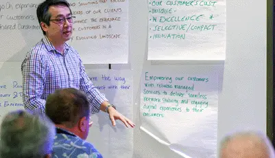 Man presenting business strategy on whiteboard to colleagues