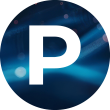 White letter P on dark blue cosmic background circle