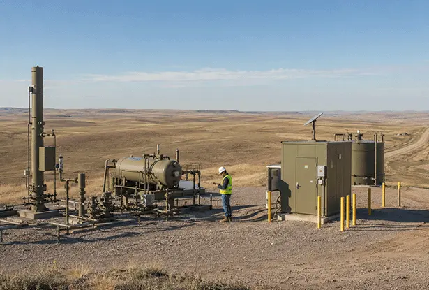 Worker inspecting oil and gas equipment on remote prairie