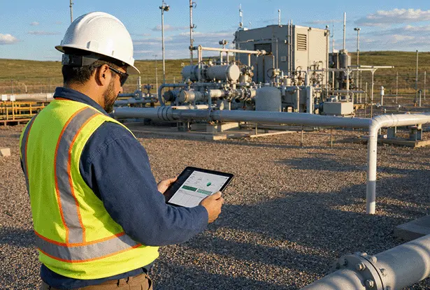 Engineer with tablet inspecting oil and gas pipeline facility