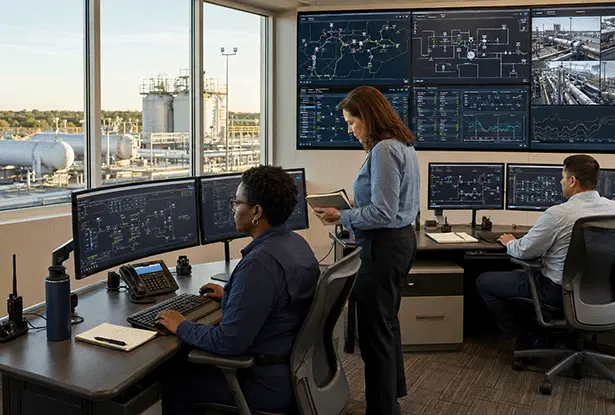 Three operators monitoring industrial systems in a control room