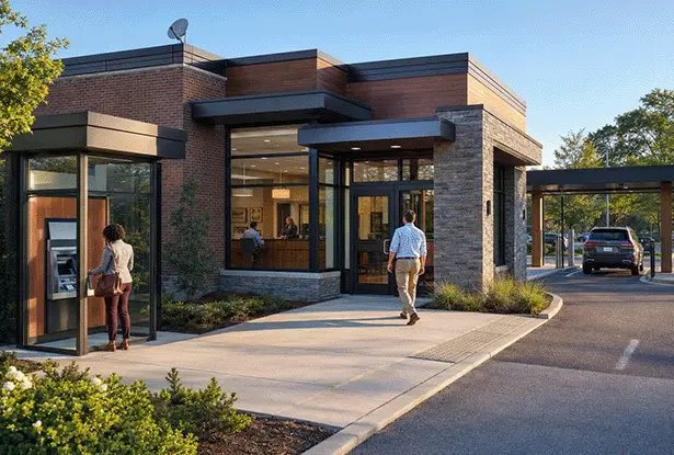 Modern bank branch exterior with customers and ATM kiosk