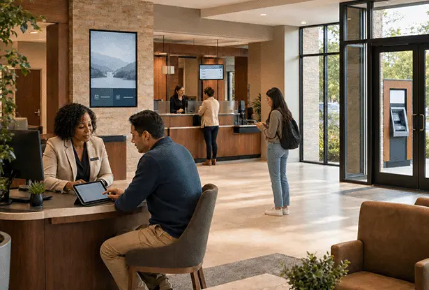 Modern bank branch interior with customers and staff
