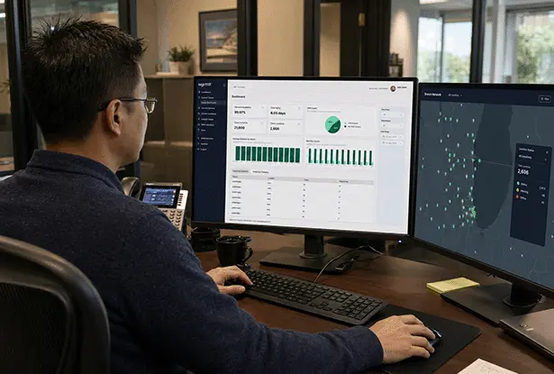 Man analyzing data dashboards on dual computer monitors