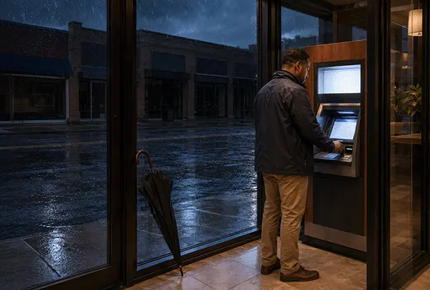 Man using ATM machine indoors on a rainy night