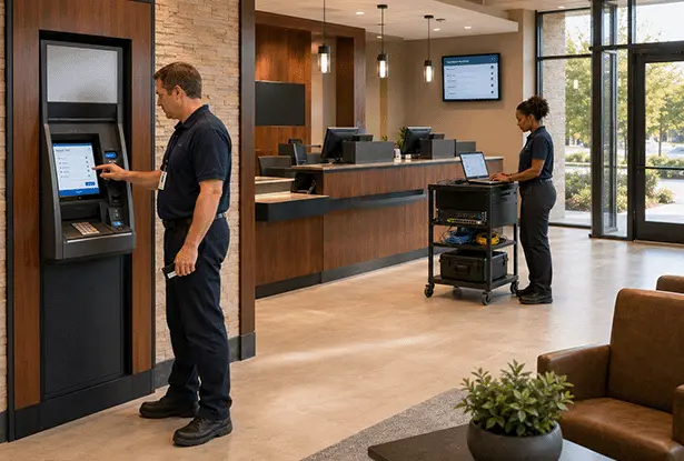 Two technicians servicing equipment in a modern bank lobby