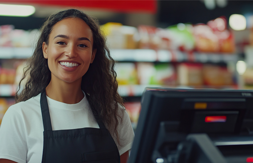 Smiling female cashier in apron at grocery store checkout