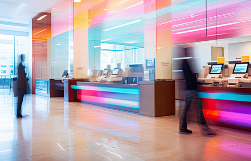 Modern bank branch interior with colorful neon lighting and customers