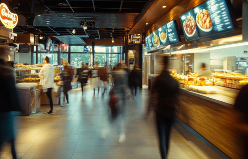Busy food court with blurred motion of customers walking