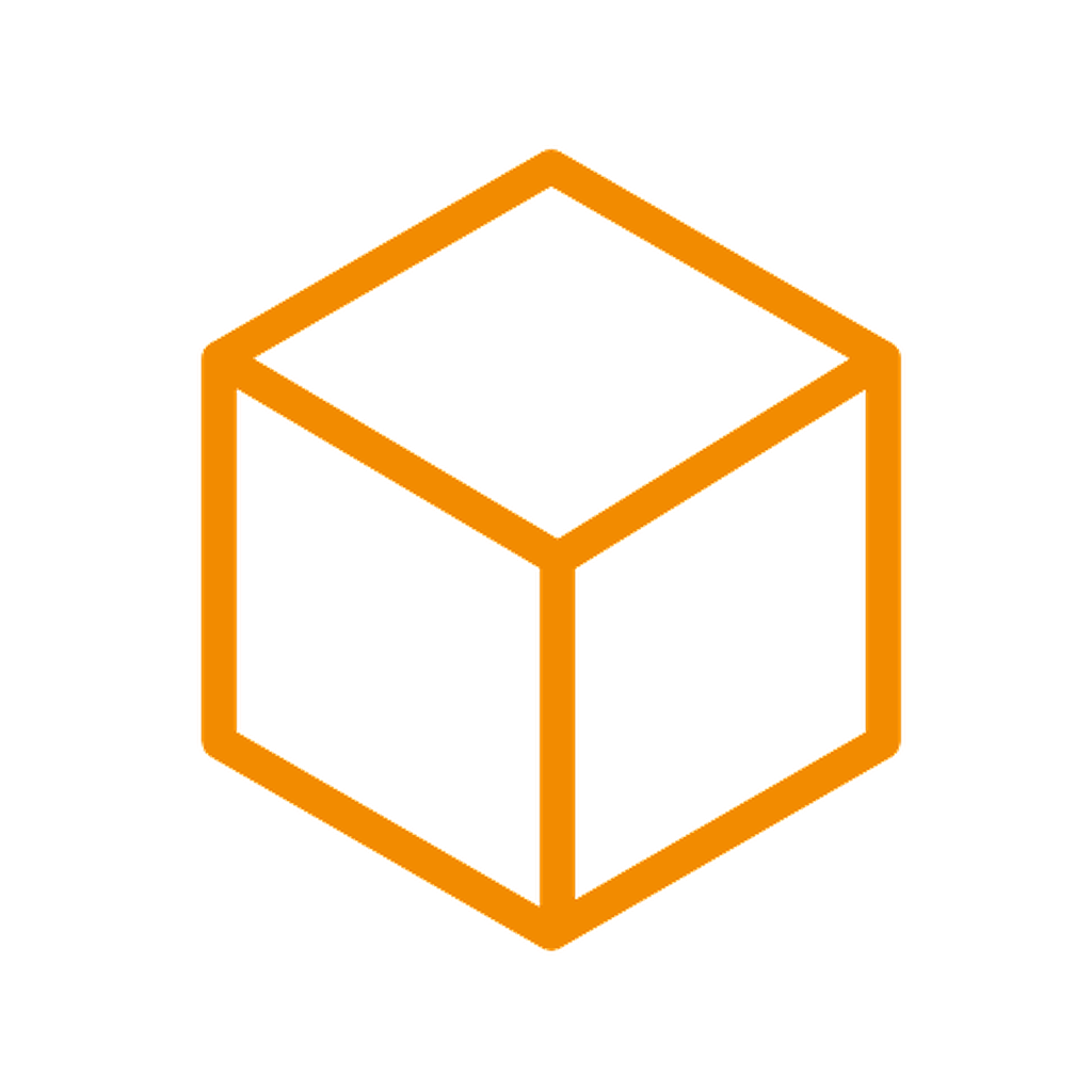 Orange outline 3D cube icon on white background