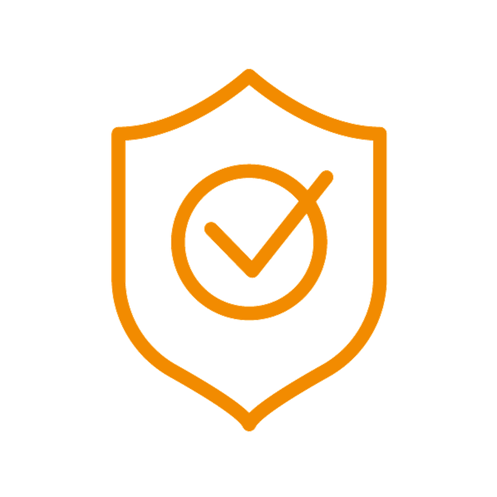 Orange shield icon with checkmark representing security verification