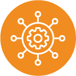 Orange icon with gear and network connections symbol
