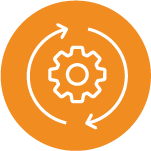 White gear icon with circular arrows on orange background