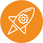 White rocket with gear icon on orange circle