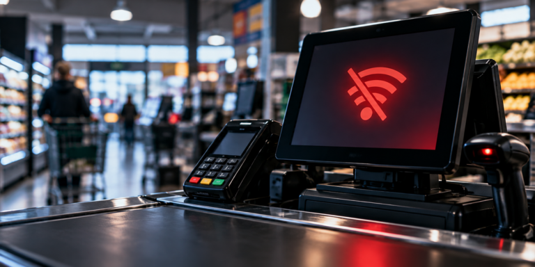 Supermarket checkout terminal displaying red no WiFi symbol