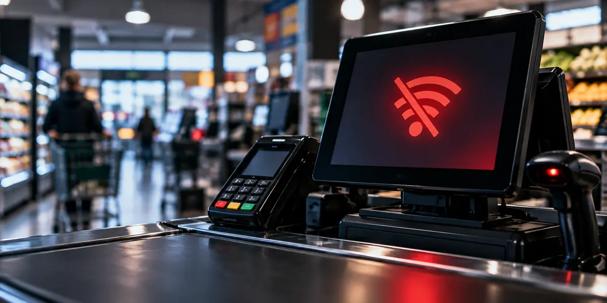 Supermarket checkout terminal displaying red no WiFi signal icon