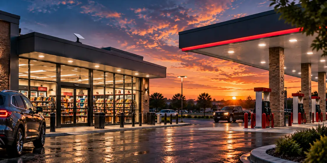 Modern gas station with convenience store at sunset