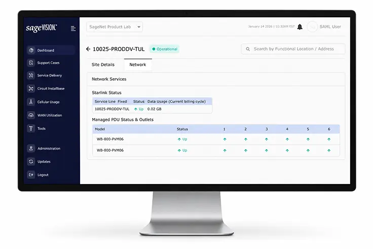 SageVision network management dashboard on desktop monitor
